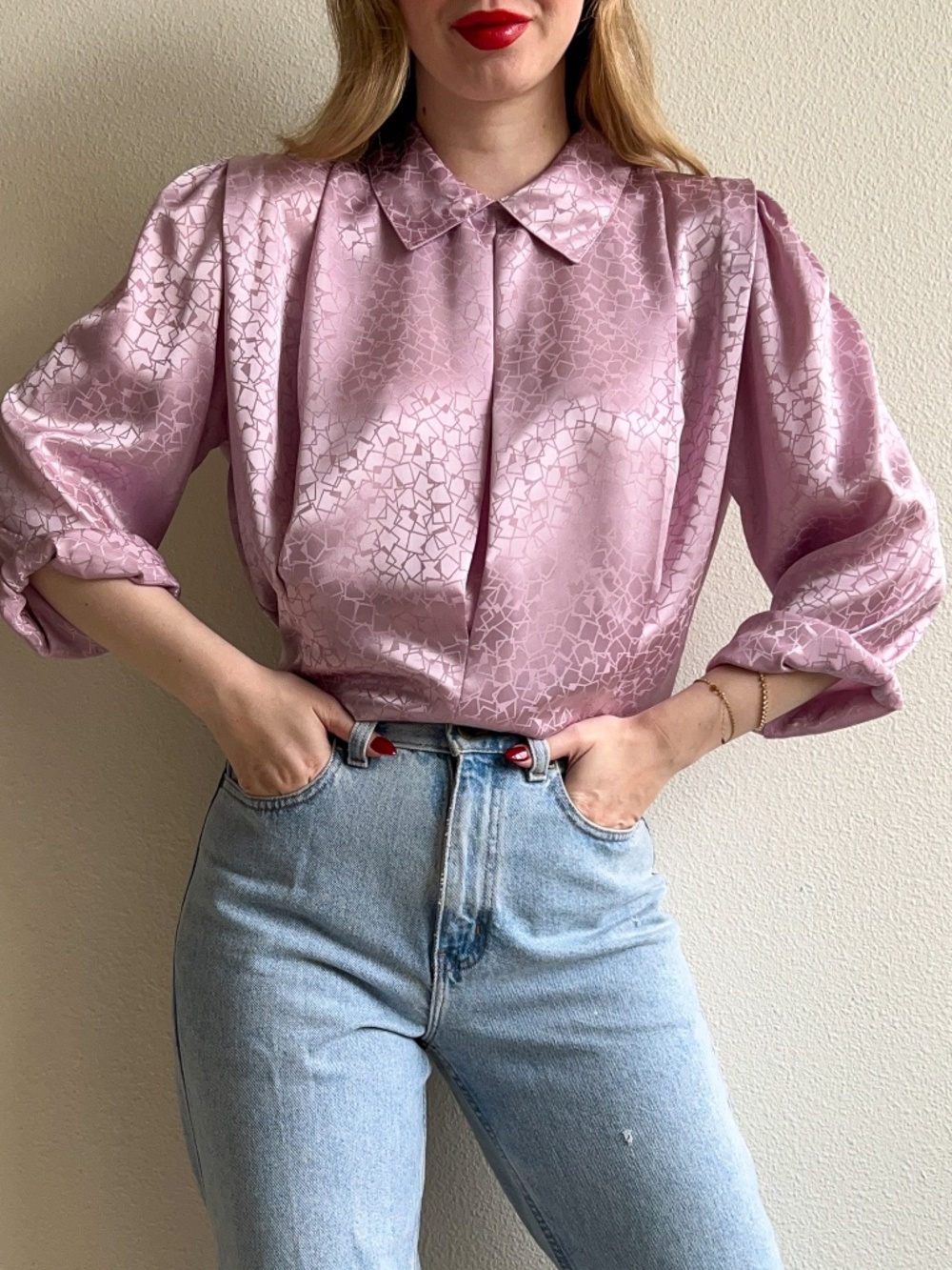 Vintage 1980s Lilac Faux Silk Jacquard Blouse (M/L)